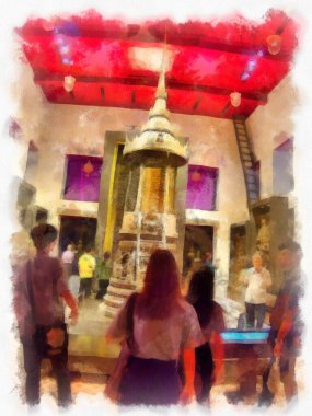 Bangkok 'taki müzelerin ve antikaların iç manzarası suluboya resim çizimi izlenimcisi.