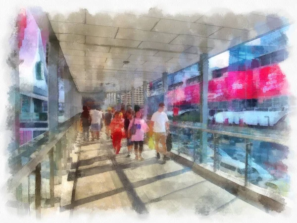 Skywalk Paisagem Bangkok Aquarela Estilo Ilustração Impressionista Pintura — Fotografia de Stock