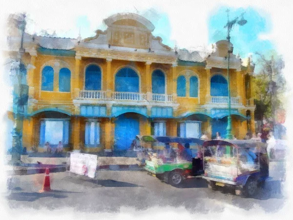 Bangkok şehri peyzajı suluboya resim çizimi empresyonisti.