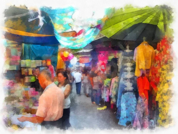 バンコクのホリデーマーケットの風景水彩画スタイルのイラスト印象派絵画 — ストック写真