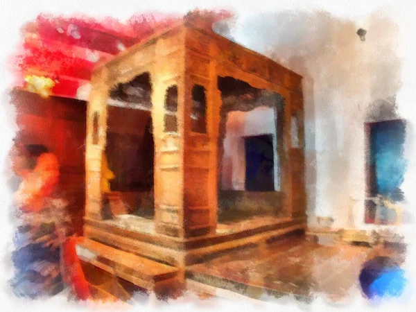 Bangkok 'taki müzelerin ve antikaların iç manzarası suluboya resim çizimi izlenimcisi.