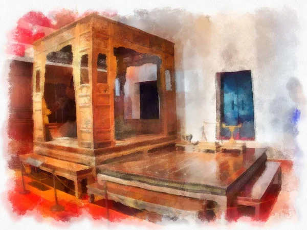 Bangkok 'taki müzelerin ve antikaların iç manzarası suluboya resim çizimi izlenimcisi.