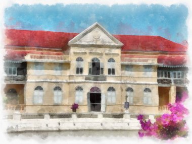 Sarı gotik mimarinin manzarası antik binalar suluboya resim çizimi izlenimcisi.