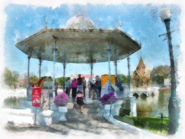 Tne Park peyzajı suluboya resim çizimi.