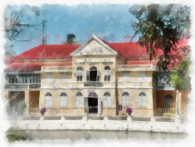 Sarı gotik mimarinin manzarası antik binalar suluboya resim çizimi izlenimcisi.