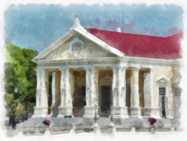 Sarı gotik mimarinin manzarası antik binalar suluboya resim çizimi izlenimcisi.