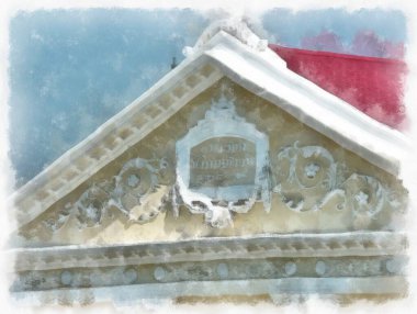 Sarı gotik mimarinin manzarası antik binalar suluboya resim çizimi izlenimcisi.