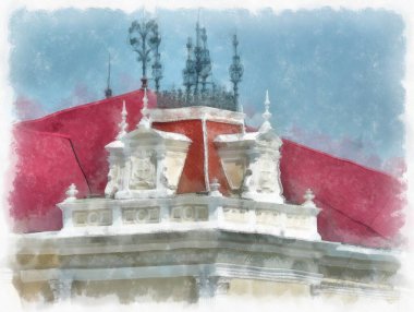 Sarı gotik mimarinin manzarası antik binalar suluboya resim çizimi izlenimcisi.