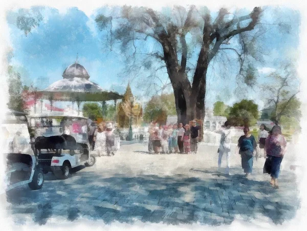 Tne Park peyzajı suluboya resim çizimi.