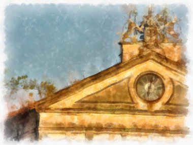 Bangkok 'ta terk edilmiş bir bina suluboya resim çizimi.