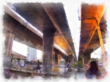 Bangkok 'ta büyük bir köprü iskelesinin manzarası suluboya stili illüstrasyon ressamı.