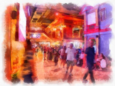 Alışveriş bölgesinin iç manzarası ve insanların suluboya resim çizimi empresyonisti.