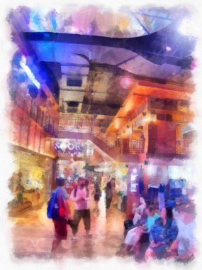 Alışveriş bölgesinin iç manzarası ve insanların suluboya resim çizimi empresyonisti.