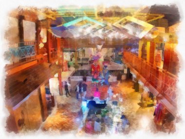 Alışveriş bölgesinin iç manzarası ve insanların suluboya resim çizimi empresyonisti.