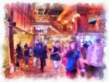 Alışveriş bölgesinin iç manzarası ve insanların suluboya resim çizimi empresyonisti.