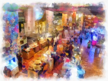 Alışveriş bölgesinin iç manzarası ve insanların suluboya resim çizimi empresyonisti.
