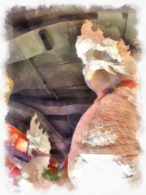 Alışveriş bölgesinin iç manzarası ve insanların suluboya resim çizimi empresyonisti.