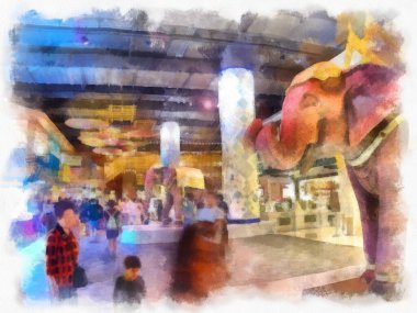 Alışveriş bölgesinin iç manzarası ve insanların suluboya resim çizimi empresyonisti.