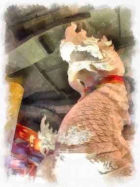 Alışveriş bölgesinin iç manzarası ve insanların suluboya resim çizimi empresyonisti.