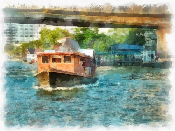 Barcos Rio Chao Phraya Banguecoque Tailândia Aquarela Estilo Ilustração Pintura — Fotografia de Stock