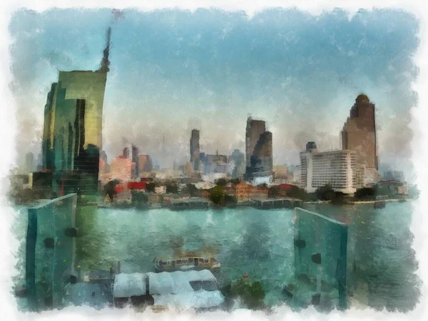 Paysage Rivière Chao Phraya Les Gratte Ciel Bangkok Thaïlande Aquarelle — Photo