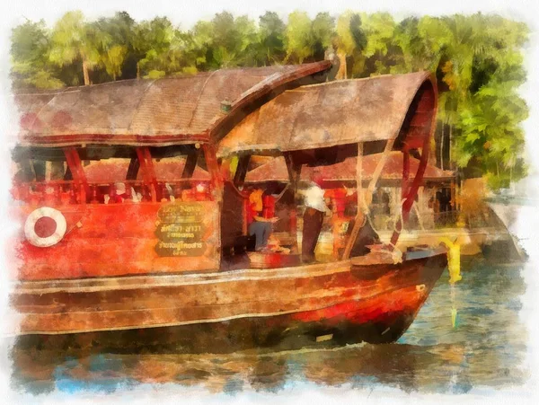 Barche Sul Fiume Chao Phraya Bangkok Thailandia Acquerello Stile Illustrazione — Foto Stock