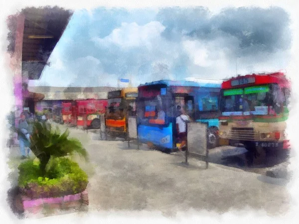 Bus Terminal Bangkok Aquarel Stijl Illustratie Impressionistische Schilderij — Stockfoto