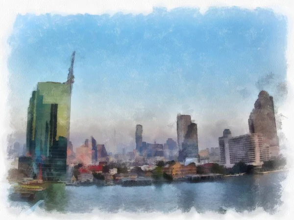 Táj Chao Phraya Folyó Felhőkarcolók Bangkok Thaiföldön Akvarell Stílus Illusztráció — Stock Fotó
