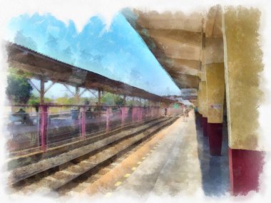 Tayland 'daki tren istasyonu suluboya resim çizimi.
