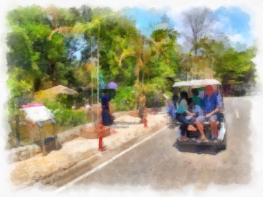 Parktaki yol suluboya stil illüstrasyon ressamı.