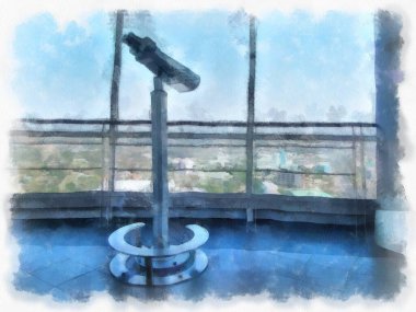 Gözlemevi suluboya resim çiziminde büyük dürbünler..