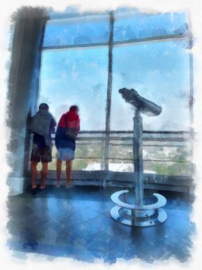 Gözlemevi suluboya resim çiziminde büyük dürbünler..