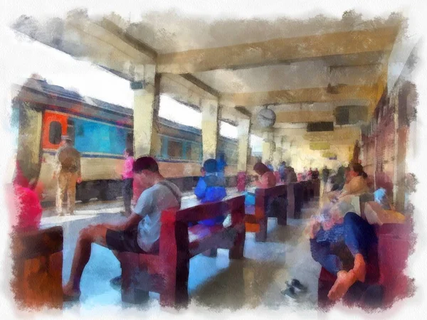 Σιδηροδρομικό Σταθμό Στην Ταϊλάνδη Ακουαρέλα Εικονογράφηση Στυλ Ιμπρεσιονιστική Ζωγραφική — Φωτογραφία Αρχείου
