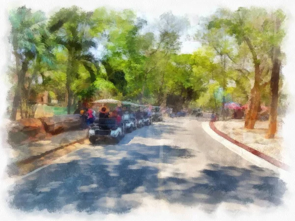 公园中的道路水彩画中的印象派绘画 — 图库照片