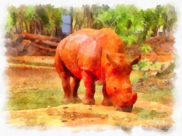 Большая Оранжевый Носорог Акварель Стиль Иллюстрации Импрессионистской Живописи — стоковое фото