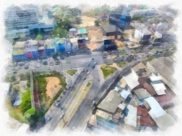 Urban Landscape Provinces Thailand Watercolor Style Illustration Impressionist Painting — Stock Photo, Image