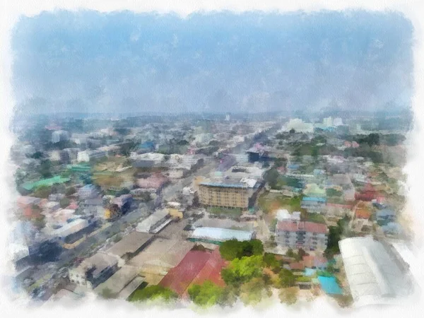 Αστικό Τοπίο Στις Επαρχίες Της Ταϊλάνδης Ακουαρέλα Στυλ Εικονογράφηση Ιμπρεσιονιστική — Φωτογραφία Αρχείου