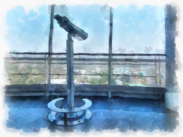 Gözlemevi suluboya resim çiziminde büyük dürbünler..