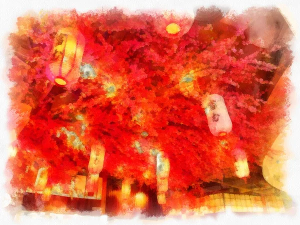 Rode Bomen Oude Japanse Lantaarns Aquarel Stijl Illustratie Impressionistische Schilderij — Stockfoto