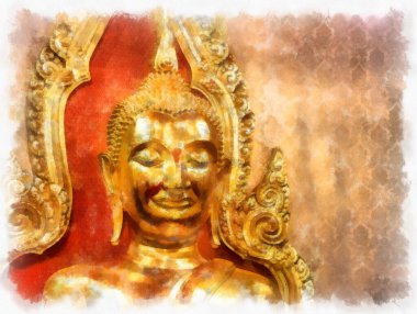 Bangkok 'taki antik altın Buda heykeli suluboya resim ressamı.