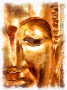 Bangkok 'taki antik altın Buda heykeli suluboya resim ressamı.