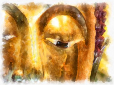 Bangkok 'taki antik altın Buda heykeli suluboya resim ressamı.