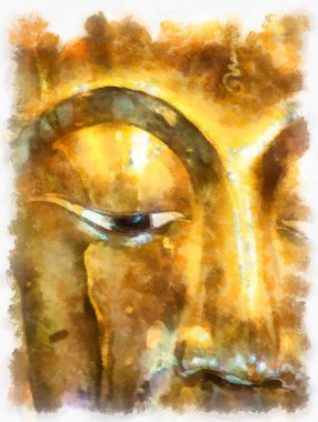 Bangkok 'taki antik altın Buda heykeli suluboya resim ressamı.