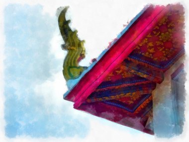 Bangkok 'taki antik mimarinin peyzajı suluboya resim çizimi empresyonisti.