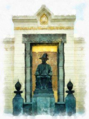 Bangkok 'taki Kral 1. Rama Anıtı' nın manzarası suluboya resim ressamı Empresyonist.