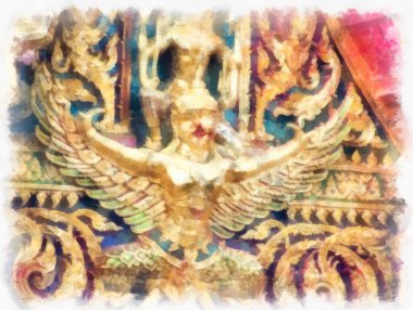 Bangkok 'taki antik mimarinin peyzajı suluboya resim çizimi empresyonisti.