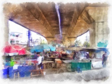 Köprülerin yapısı ve ekspres yollar suluboya resim çizimi.