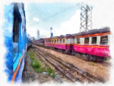 Tayland treni suluboya resim çizimi.