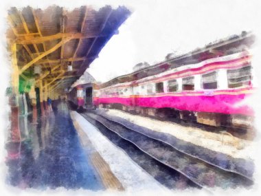 Tayland tren istasyonu suluboya resim çiziminin manzarası..