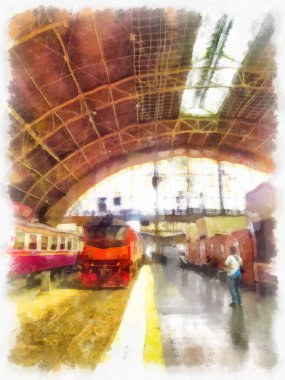 Tayland tren istasyonu suluboya resim çiziminin manzarası..